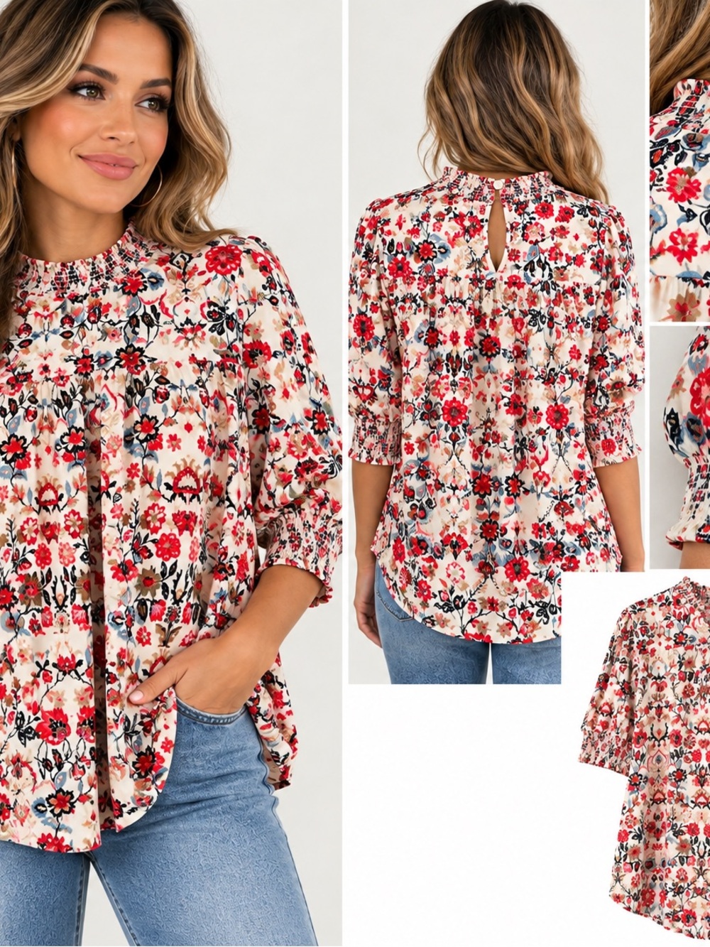 LOFT Floral Smocked Neck Puff Sleeve Blouse Cream Red Size L
